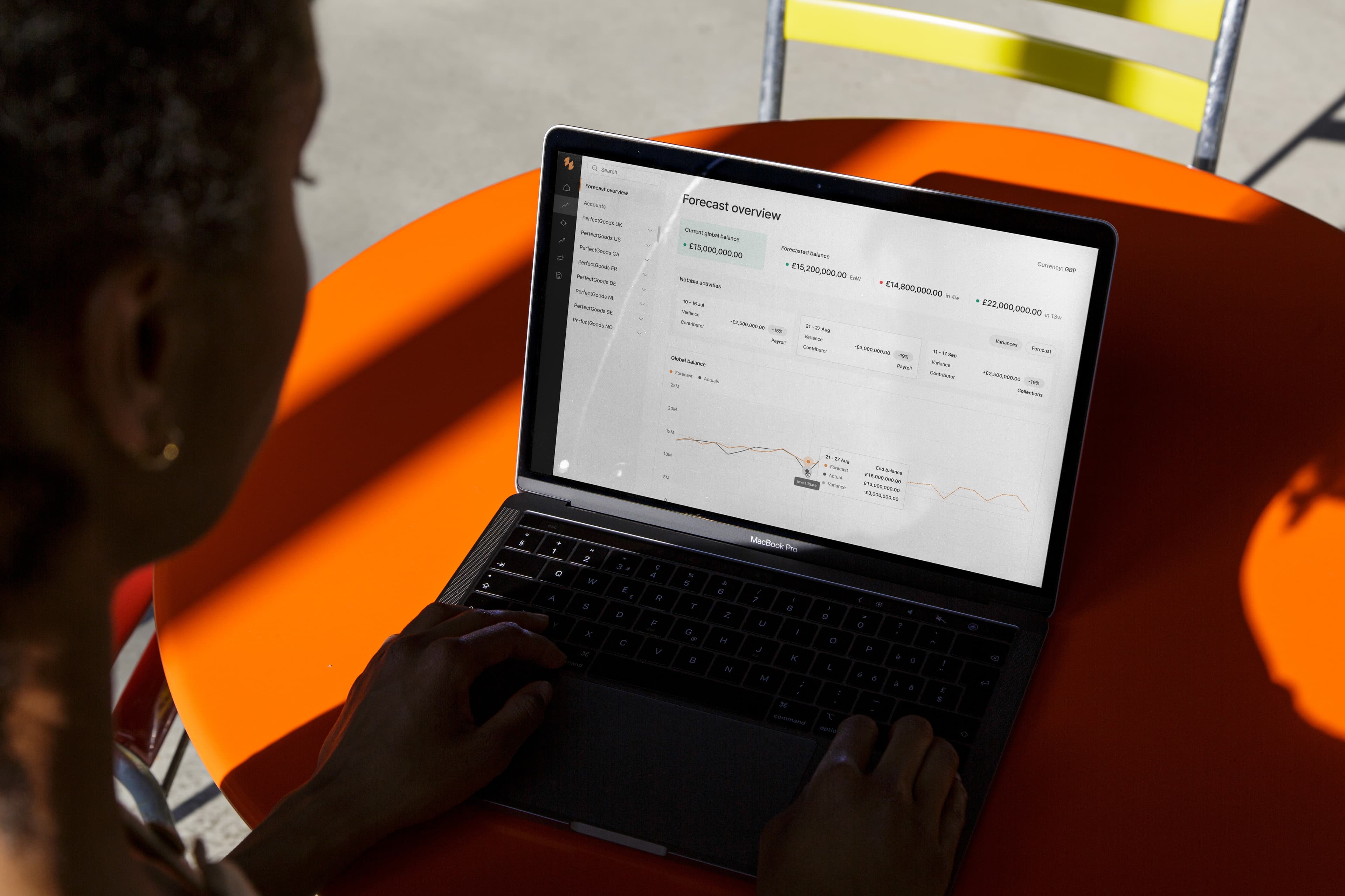 A treasury professional reviewing Palm's forecast overview on a laptop